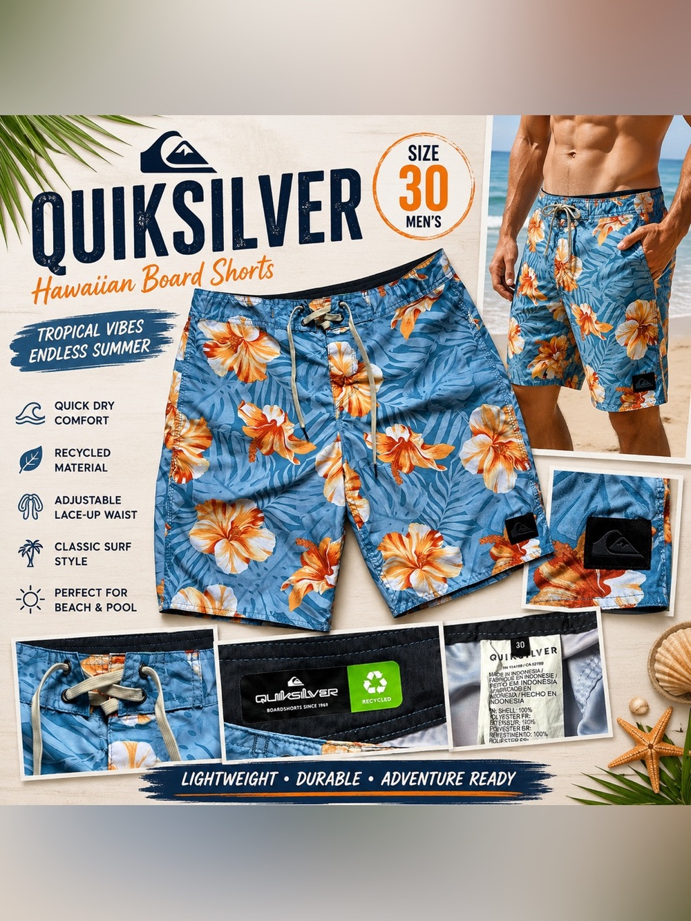 Quiksilver Hawaiian Floral Board Shorts Men’s Size 30 Blue Orange Swim Trunks